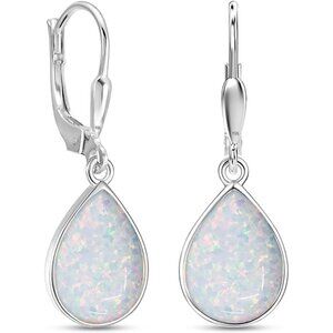 Women's Sterling Silver Drop Created Birthstone Leverback White Teardrop Earring